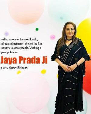 Jaya Prada in a black saree with a colorful background and birthday message.