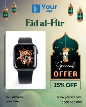 Eid al-Fitr promotion featuring a smartwatch with a 15% discount.
