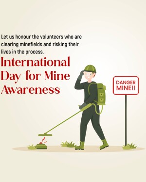 Illustration of a deminer with a mine detection device, promoting International Day for Mine Awareness.