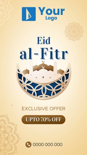Eid al-Fitr promotional banner with crescent moon and mosque illustration