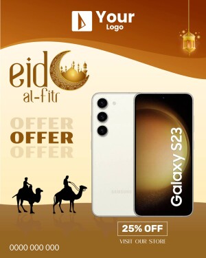 Eid Al-Fitr promotion featuring a Samsung Galaxy S23 smartphone with a 25% discount.