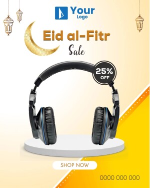 Eid al-Fitr sale advertisement featuring headphones with a 25% discount.