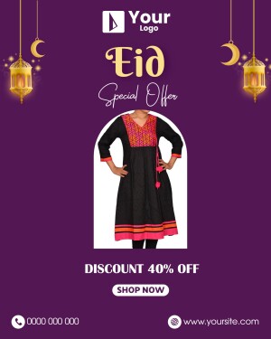 Eid Special Offer advertisement featuring a black kurti with pink embroidery and a 40% discount.