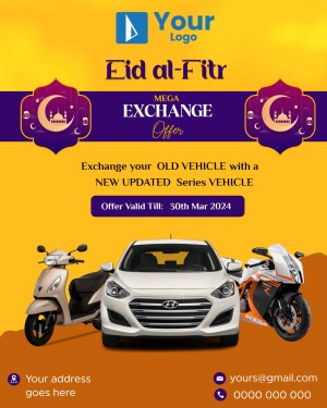 Eid al-Fitr vehicle exchange offer with scooters, car, and motorcycle