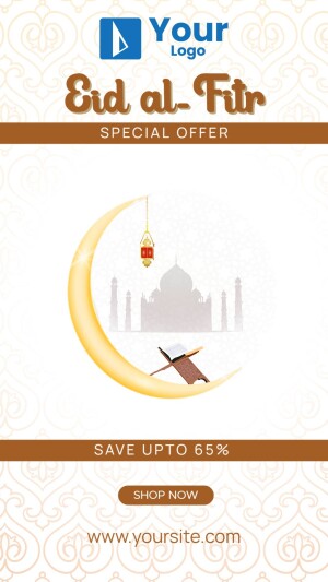 Eid al-Fitr promotion with crescent moon, Taj Mahal, and special offer details.