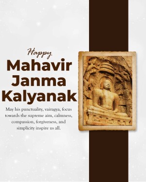 Mahavir Jayanti greeting with a statue of Mahavir