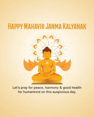 Image depicting Lord Mahavira in a meditative pose with a floral background and text wishing 'Happy Mahavir Janma Kalyanak'.