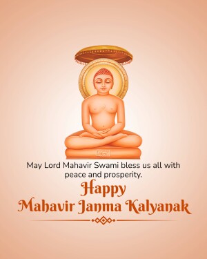 Image of Lord Mahavir in a meditative pose with text 'Happy Mahavir Janma Kalyanak'