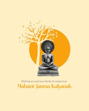 Image of Buddha statue with a golden circle and tree, wishing a happy Mahavir Jayanti