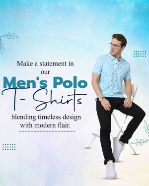 Man wearing a light blue polo t-shirt and black pants, advertising men's polo shirts.