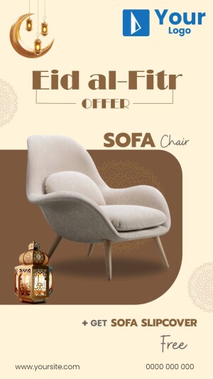 Eid al-Fitr promotion featuring a beige sofa chair with a free slipcover offer.