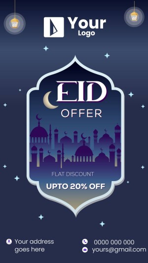 Eid Offer banner with mosque silhouette and discount details