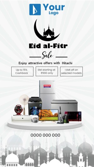 Eid al-Fitr Sale advertisement featuring Hitachi appliances with cashback and EMI offers.