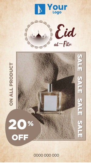 Eid al-Fitr sale advertisement featuring a perfume bottle on a sandy beach with a 20% off discount.