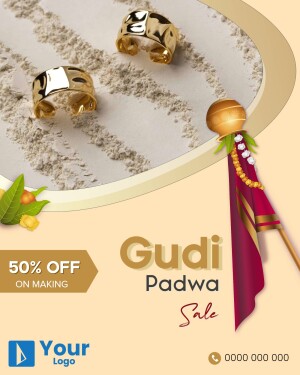 Gudi Padwa sale advertisement featuring gold jewelry and a traditional Gudi decoration.