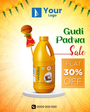 Gudi Padwa sale advertisement featuring Vedaka Coconut Oil with a 30% discount.