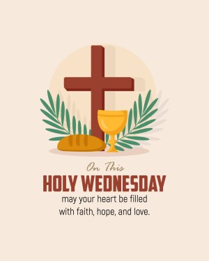 Image depicting a cross, chalice, bread, and palm leaves with the text 'Holy Wednesday'