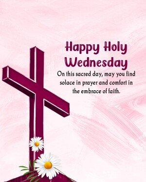 Image of a purple cross with daisies and text 'Happy Holy Wednesday'