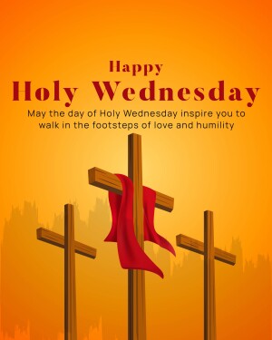 Image depicting three wooden crosses with a red cloth draped over the central cross, with the text 'Happy Holy Wednesday'