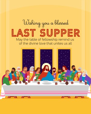 Illustration of the Last Supper with a warm, inviting color scheme and a blessing message.