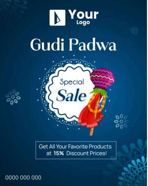 Gudi Padwa festival sale advertisement with a Gudi and special discount offer.