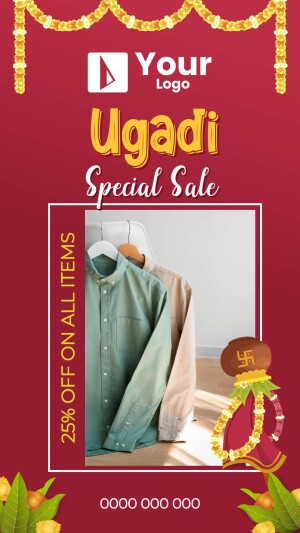 Ugadi Sale promotion featuring clothing items and festive decorations.
