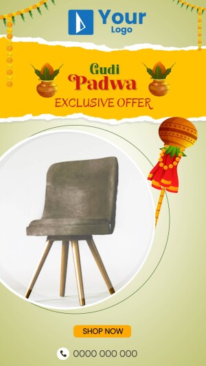 Gudi Padwa furniture sale advertisement with a chair and festive decorations.