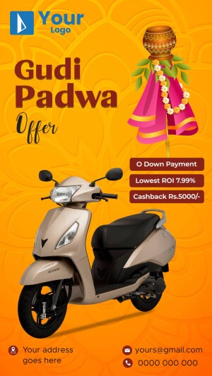 Gudi Padwa offer advertisement featuring a scooter and festive decorations.