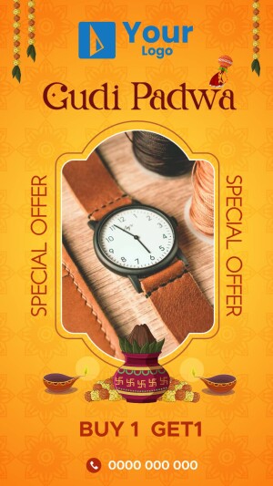 Gudi Padwa promotional image featuring a watch and festive decorations.