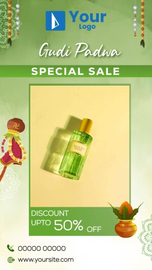 Gudi Padwa sale advertisement featuring a perfume bottle and festive decorations.