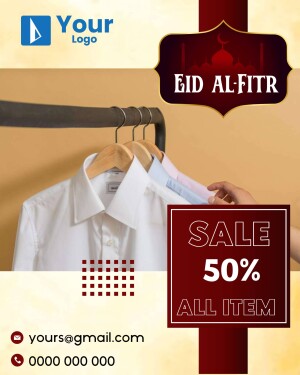 Eid Al-Fitr sale advertisement featuring clothing and a 50% discount.