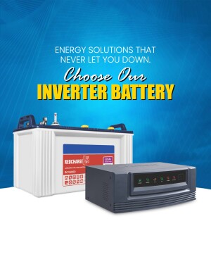 Image of a Recharge inverter battery and inverter with text promoting energy solutions.