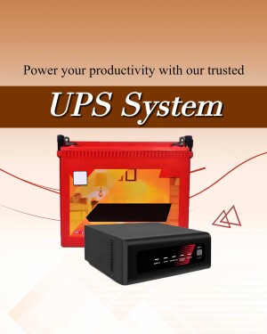 Red and black UPS system with text overlay