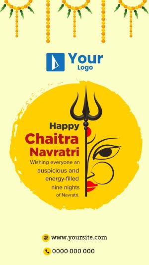 Chaitra Navratri festival greeting with a trident and Goddess Durga's face.