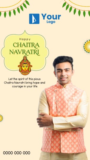 Chaitra Navratri greeting with a man in traditional attire and Goddess Durga image.