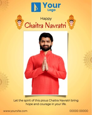 Chaitra Navratri greeting with a man in traditional attire and Goddess Durga images.