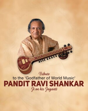 Portrait of Pandit Ravi Shankar with his sitar and tribute text