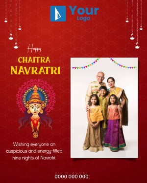 Chaitra Navratri festive greeting with a family portrait and Goddess Durga illustration.