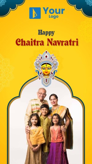 Family celebrating Chaitra Navratri with a festive background.