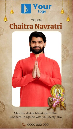 Chaitra Navratri greeting with a man in traditional attire and Goddess Durga image.