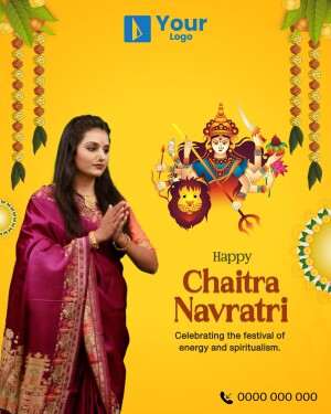 Woman in traditional attire with a Navratri background