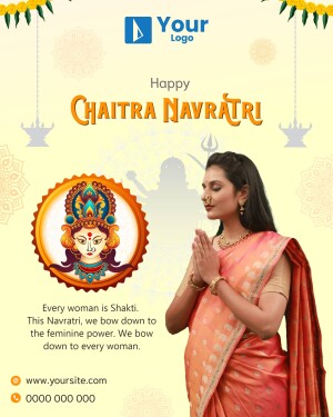 Chaitra Navratri greeting with a woman in traditional attire and a depiction of Goddess Durga.