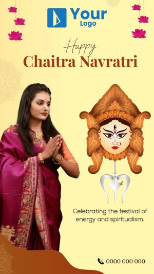 Woman in traditional attire with a Durga idol for Chaitra Navratri
