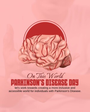 Illustration of a brain with red veins against a pink background with text for World Parkinson's Disease Day.