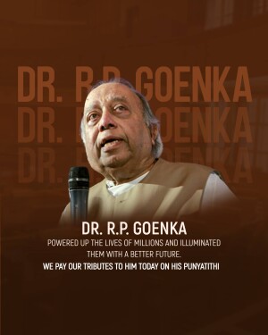 Portrait of Dr. R.P. Goenka with repeated name in the background