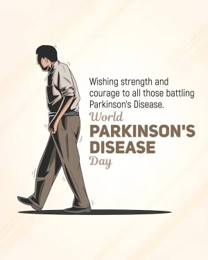 Illustration of a man walking with a bent posture, with text commemorating World Parkinson's Day.