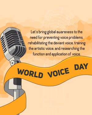 Vintage microphone with a banner reading 'World Voice Day' on a peach background.
