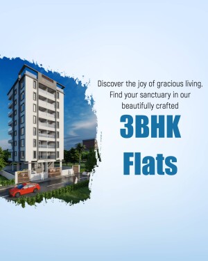 Modern apartment building with a red car parked in front, advertising 3BHK flats.