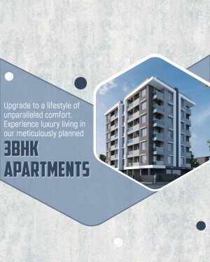 Modern apartment building with a promotional graphic
