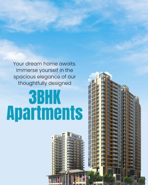 Modern high-rise apartment building with blue sky background